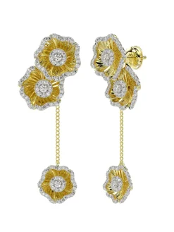 Halo Flower Yellow Gold Drop Earrings
