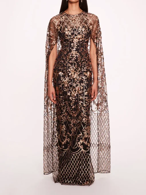 Sequin Lattice Cape Gown
