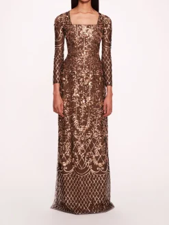 Sequin Lattice Sleeved Gown