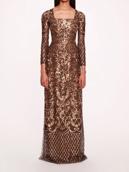 Sequin Lattice Sleeved Gown