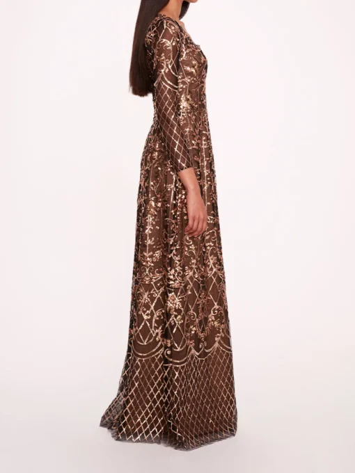 Sequin Lattice Sleeved Gown
