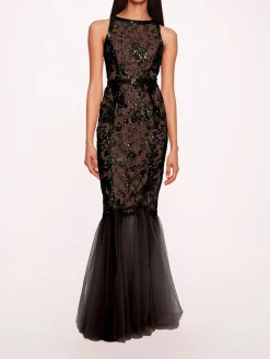 Sequin Lattice Strapless Gown