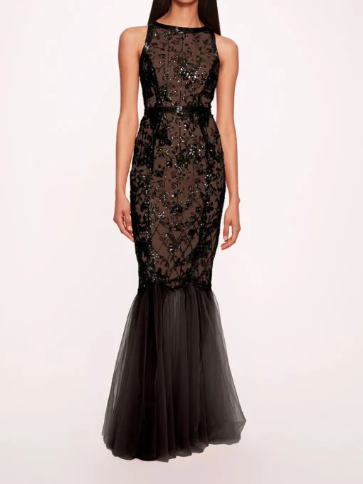 Sequin Lattice Strapless Gown