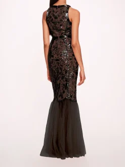 Sequin Lattice Strapless Gown