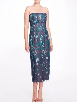 Strapless Embroidered Tea Length Gown