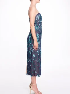 Strapless Embroidered Tea Length Gown